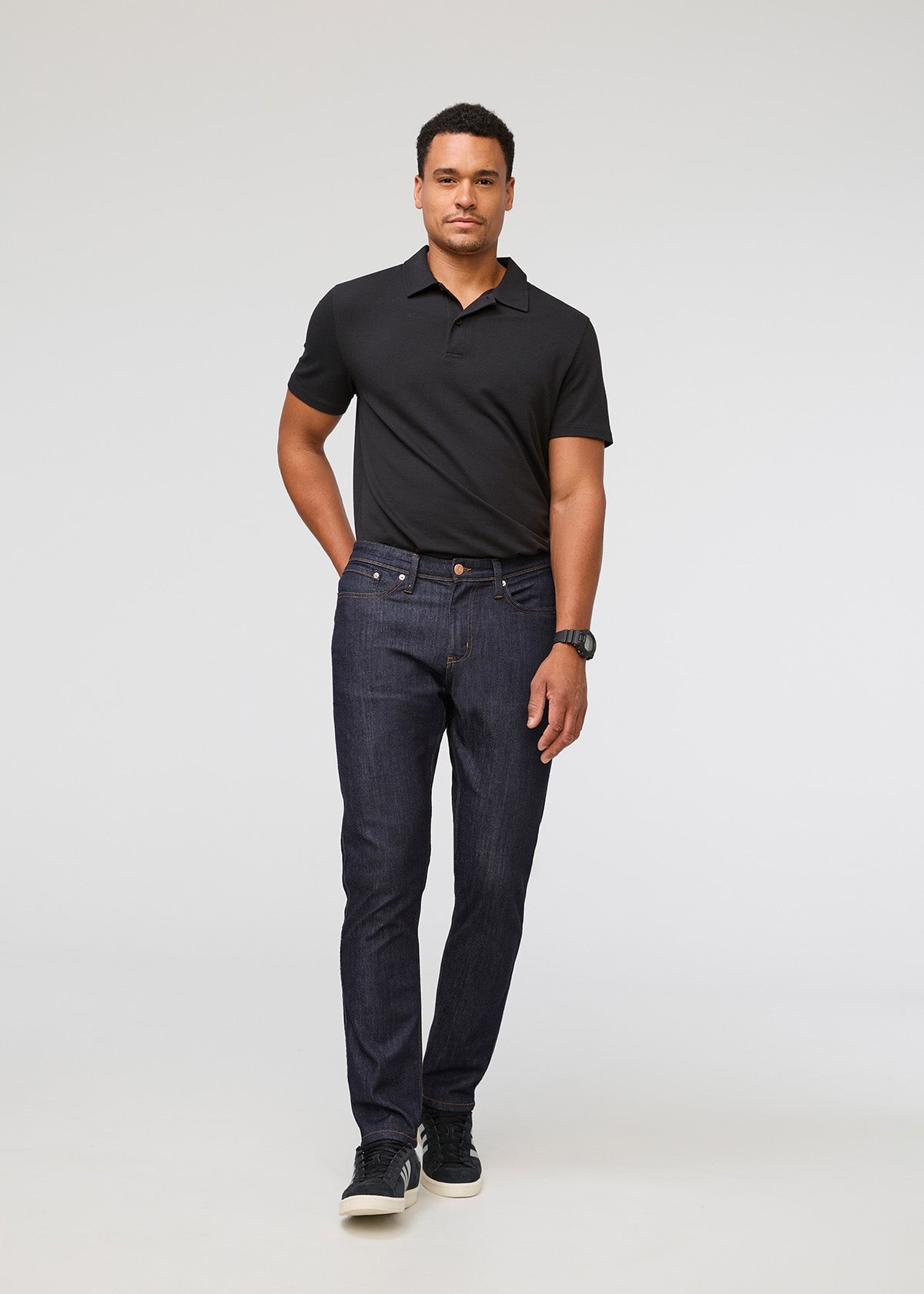 mens dark blue wash relaxed fit stretch jeans full body