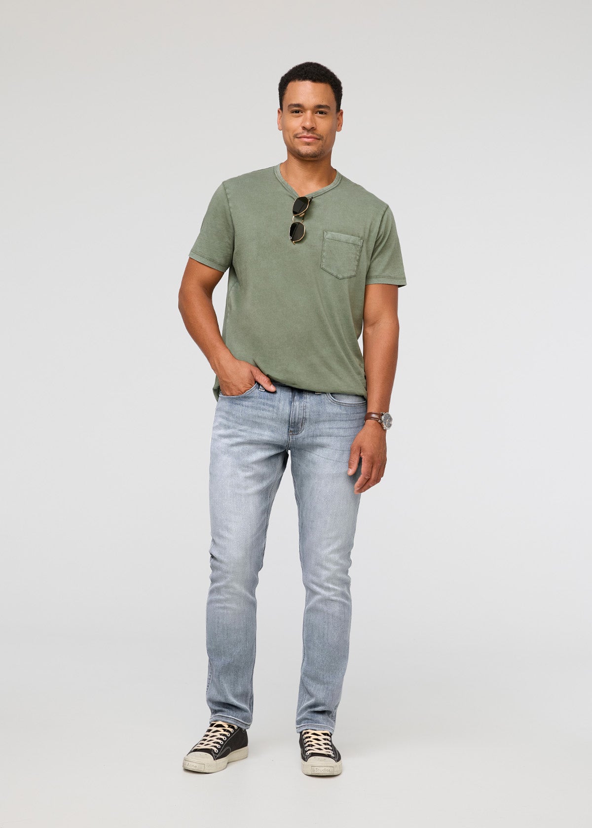 mens faded blue relaxed fit stretch jeans full body