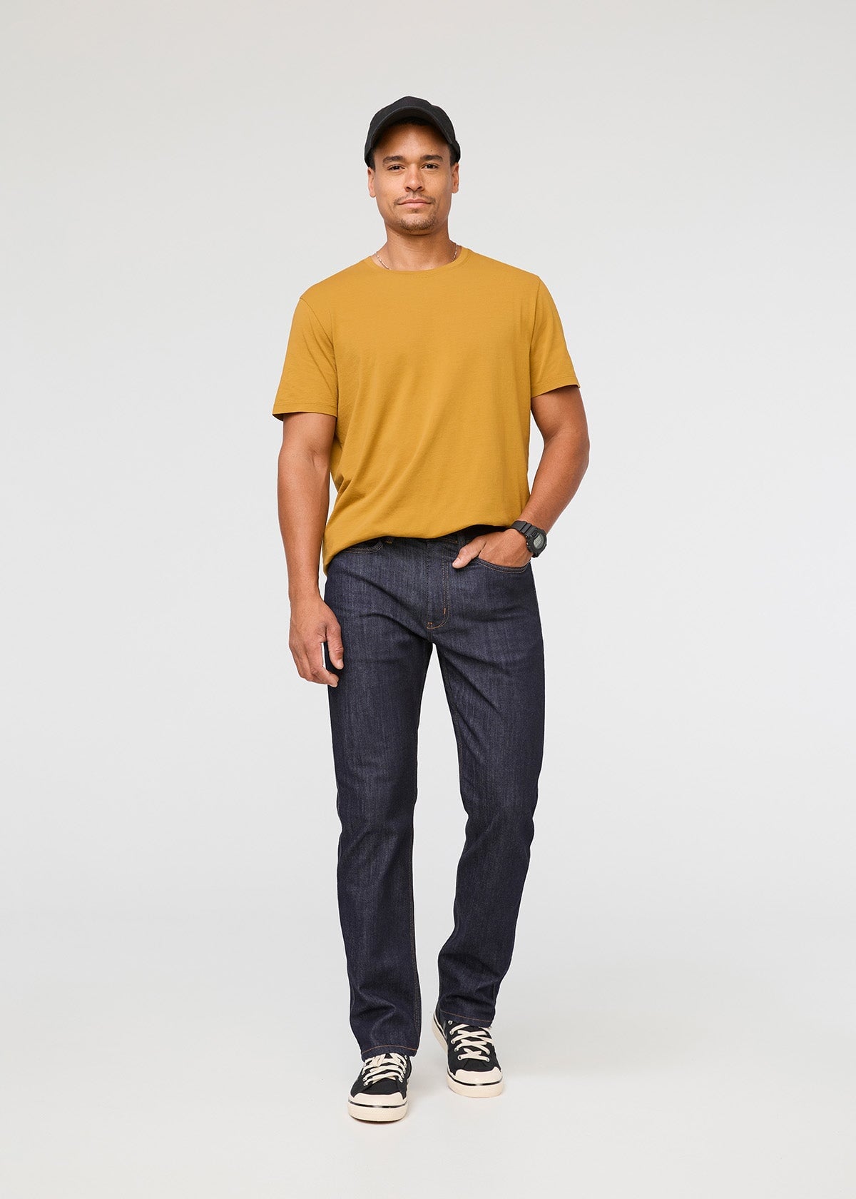 mens dark blue athletic straight fit stretch jeans full body