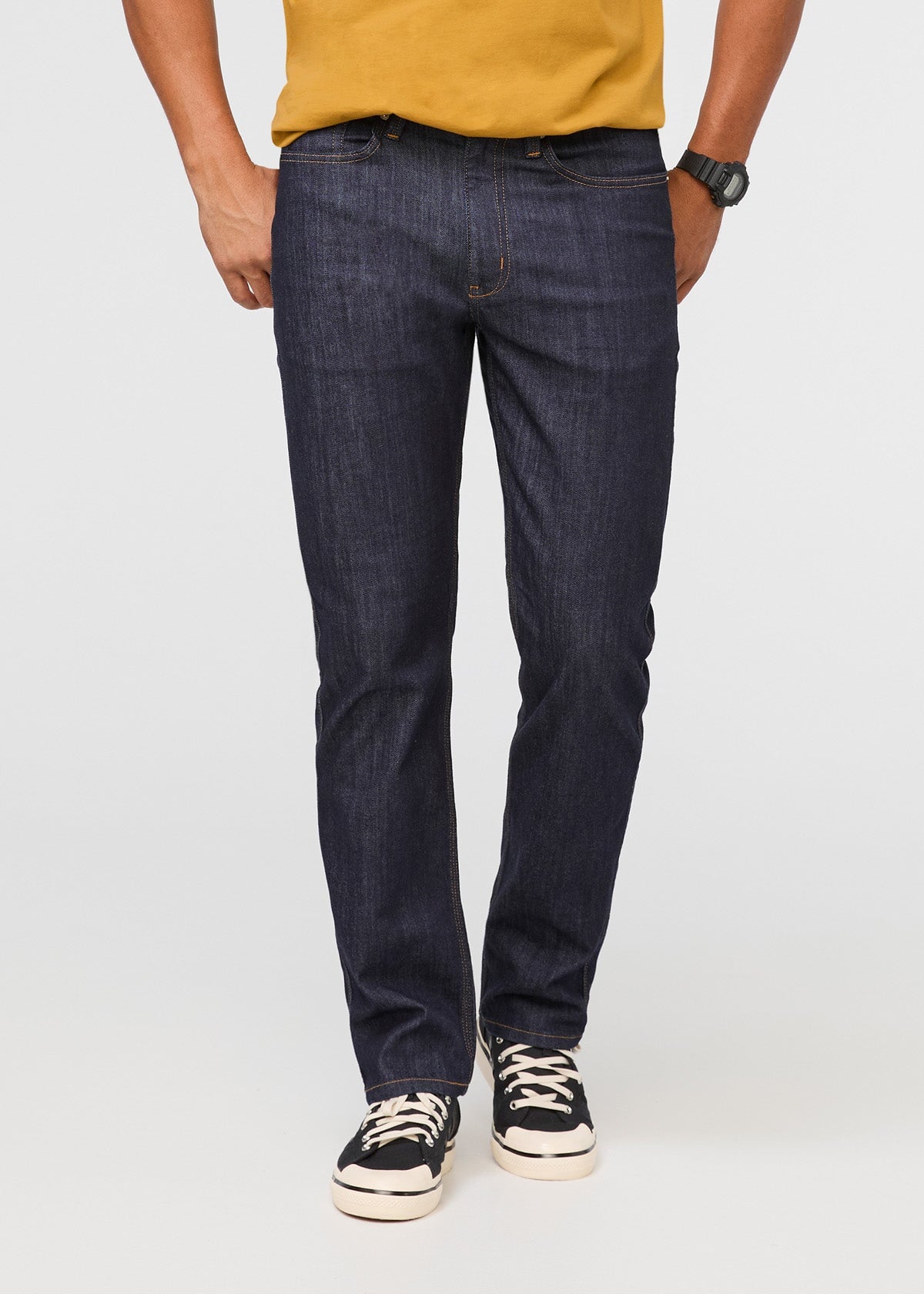 mens dark blue athletic straight fit stretch jeans front