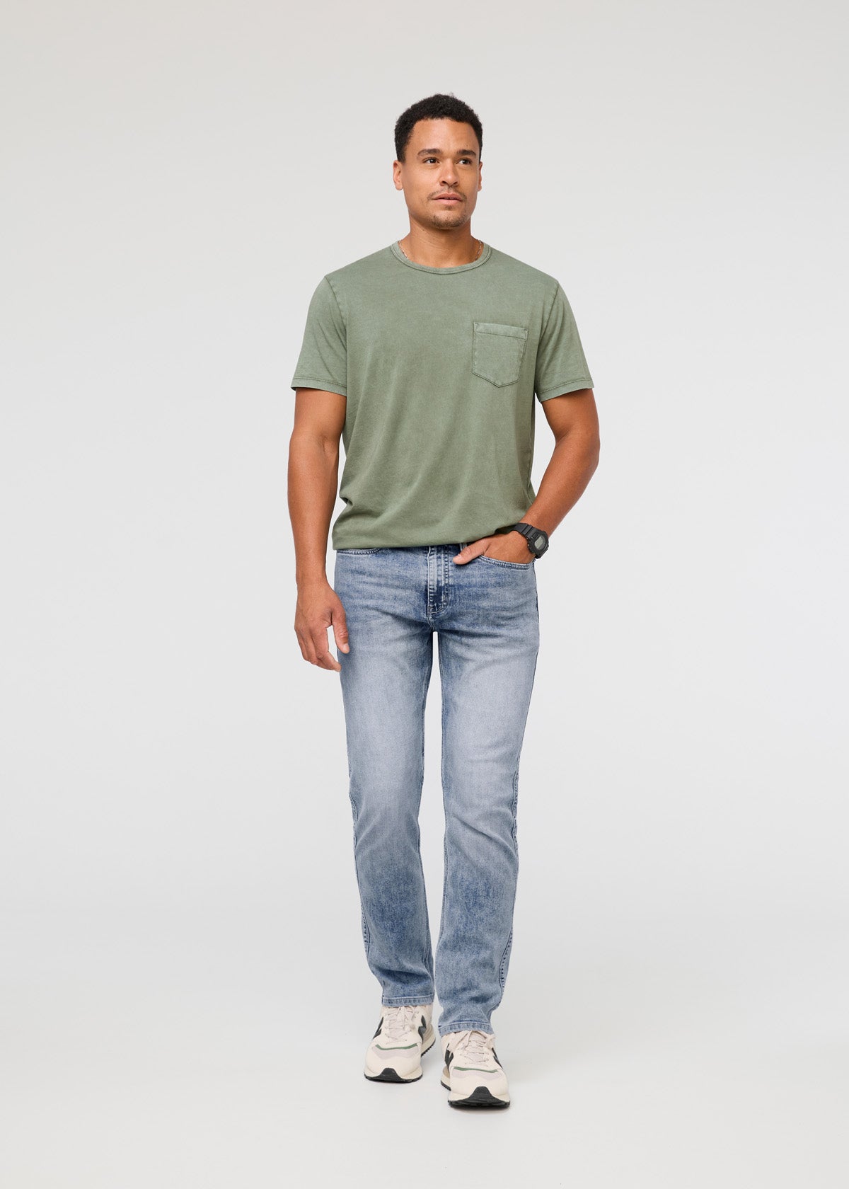 mens faded blue athletic straight fit stretch jeans full body