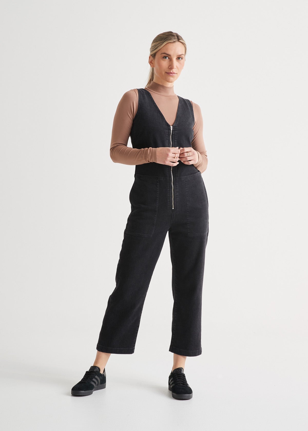 womens aged black stretch denim jumpsuit front