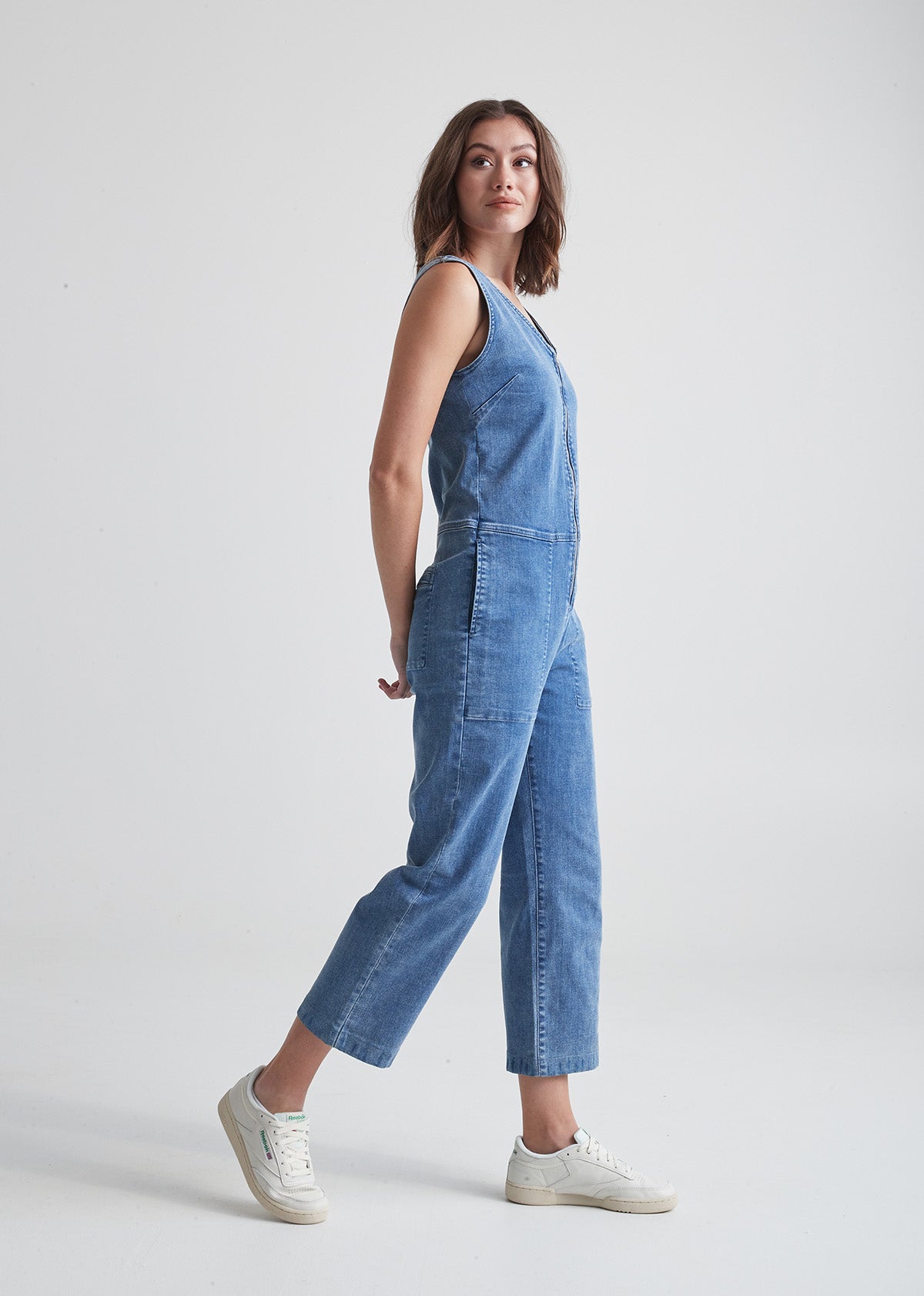 womens light stone stretch denim jumpsuit side