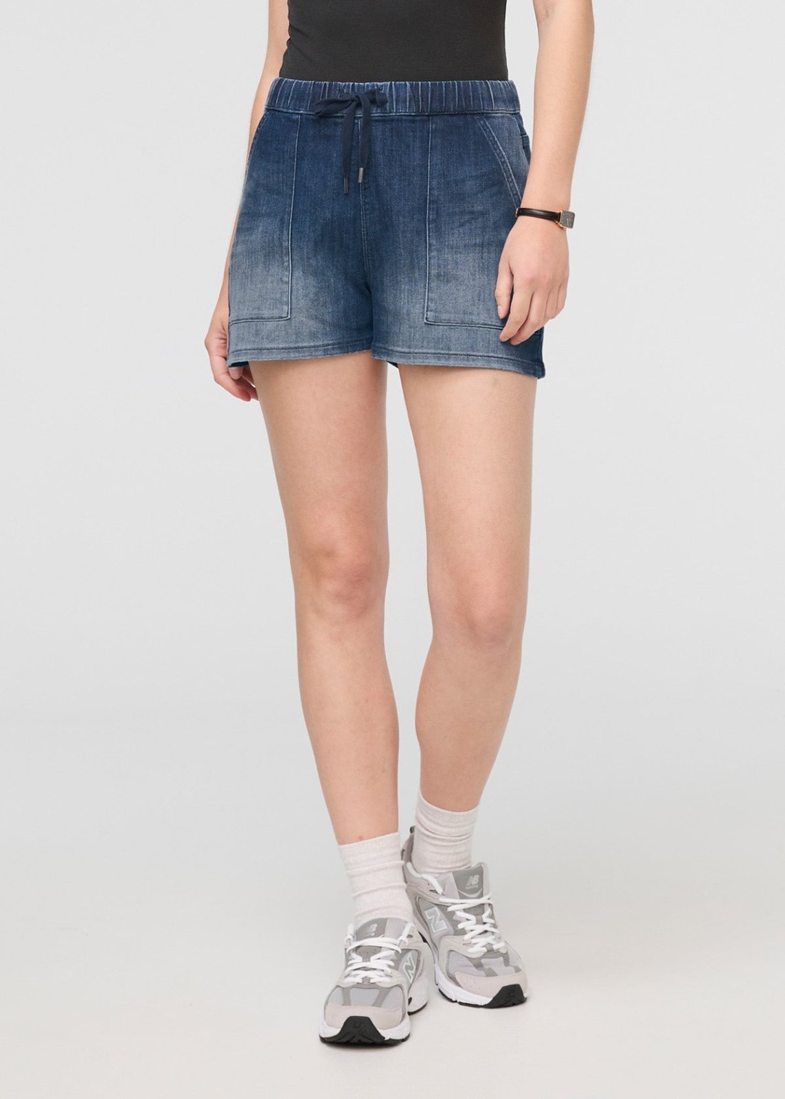 womens medium blue relaxed drawstring denim short front