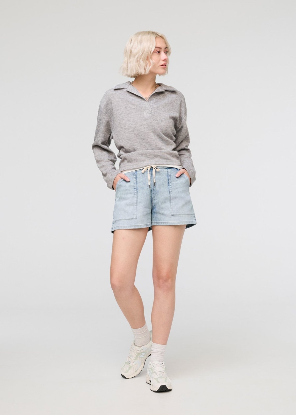 womens light blue relaxed drawstring denim short full body