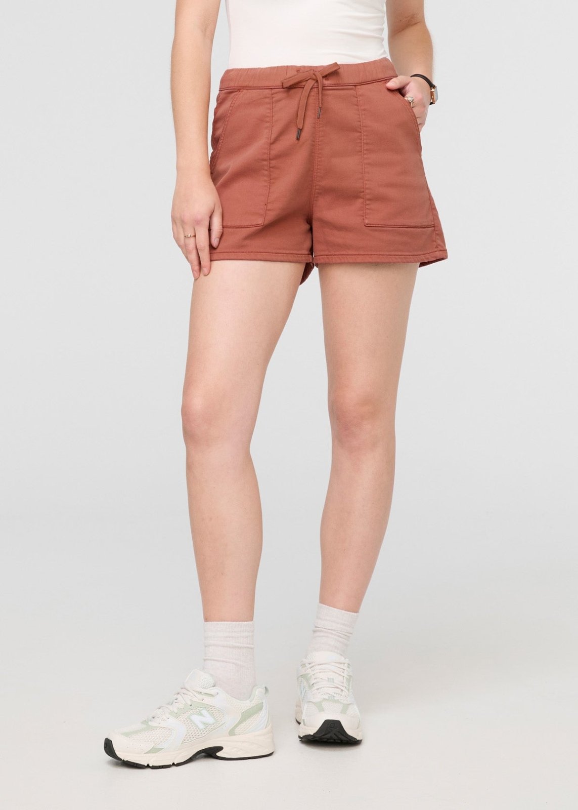 womens red pull on drawstring shorts front