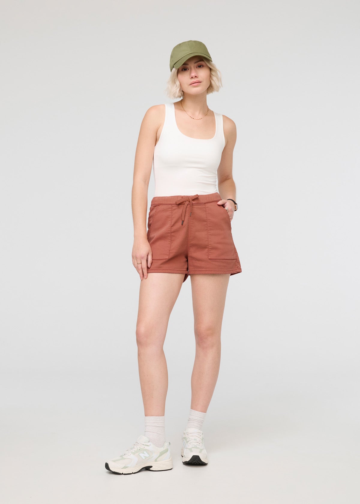 womens red pull on drawstring shorts full body