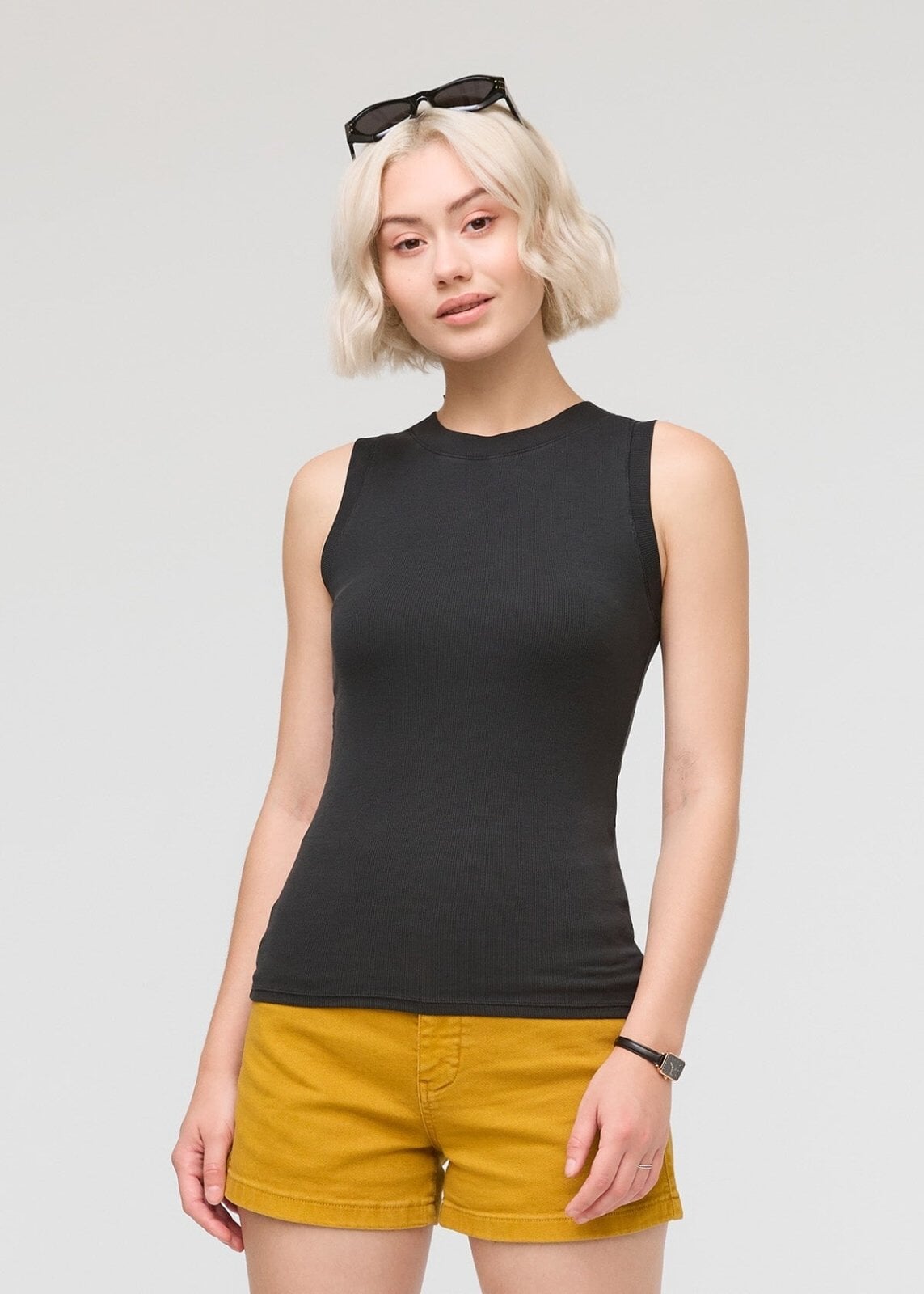 womens black ribbed pima cotton high neck tank front